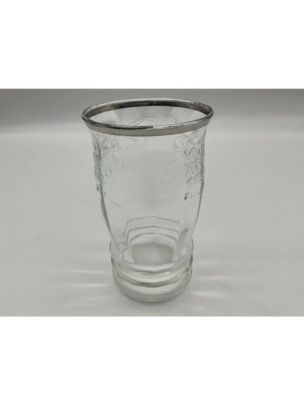 MacBeth -Evans Strippled Rose Band Clear Depression Glass Tumbler w/silver Rim